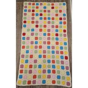VTG Crochet Afghan Granny Square Lap Chair Blanket Pastel Handmade 62”x 35”